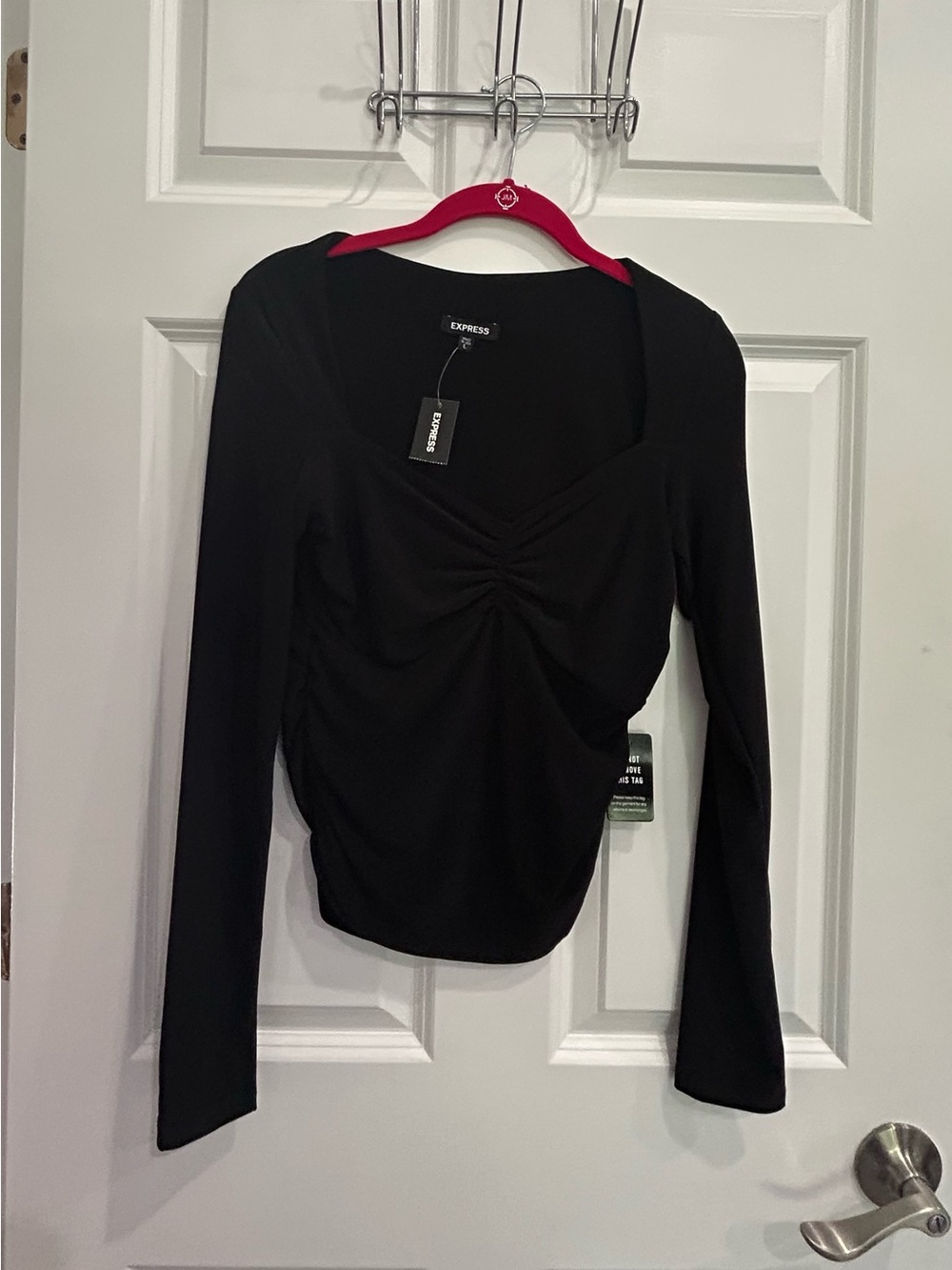 Express Black Ruched Long Sleeve Scoop Neck Top